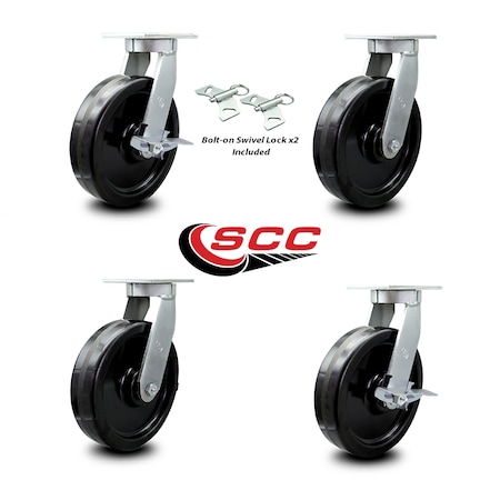 Service Caster 10 Inch Heavy Duty Phenolic Wheel Swivel Caster Swivel Locks 2 Brakes, 2PK SCC-KP92S1030-PHR-BSL-2-SLB-2